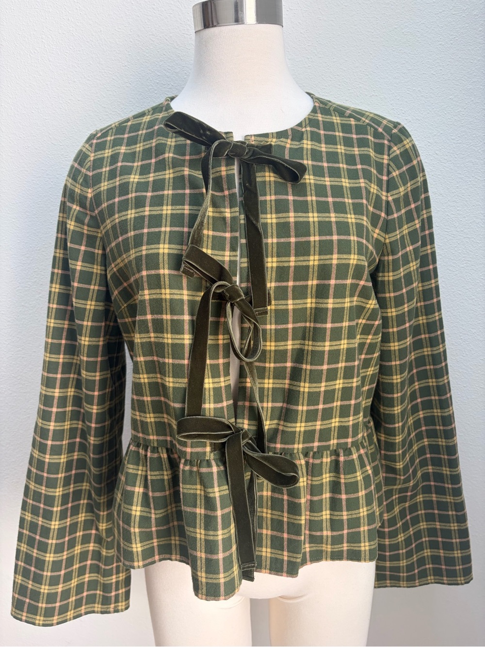 Sezane Brenda Plaid Blouse Checkered Tie Front Fall Top Velvet Green Size Medium - Picture 2 of 13